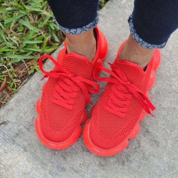 Women Knitted Stylish Bubble Textured Lace up Sneakers Red Color - Picture 3 of 6
